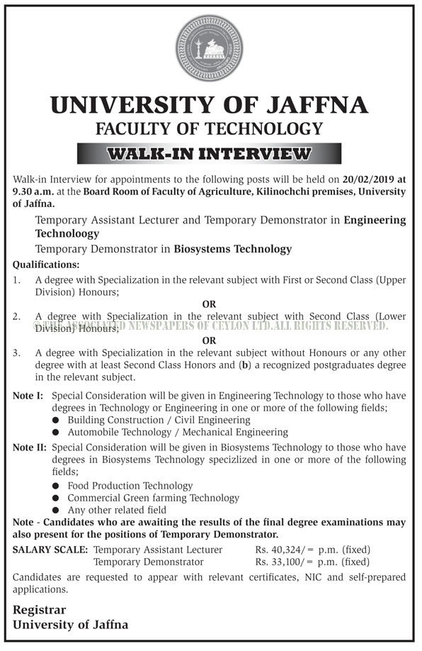 Temporary Assistant Lecturer, Temporary Demonstrator - University of Jaffna